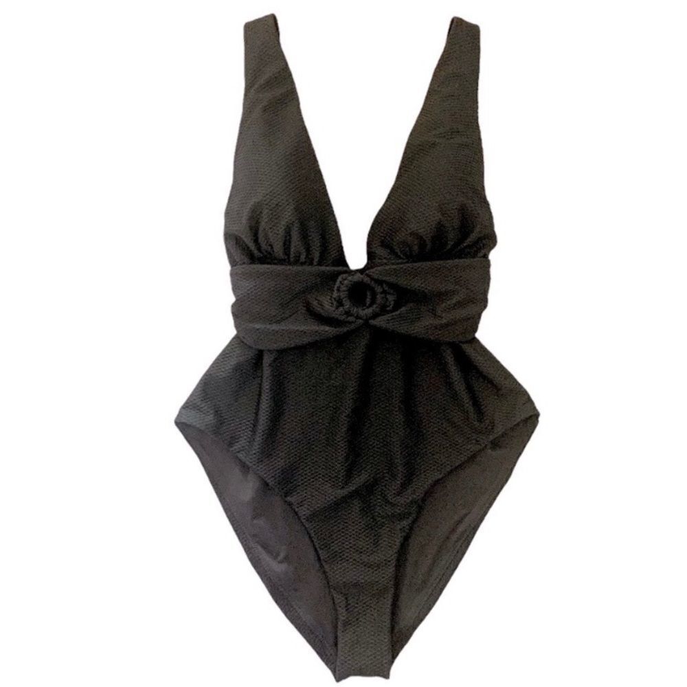 CHELSEA28 Black Belted Textured One Piece Swimsuit